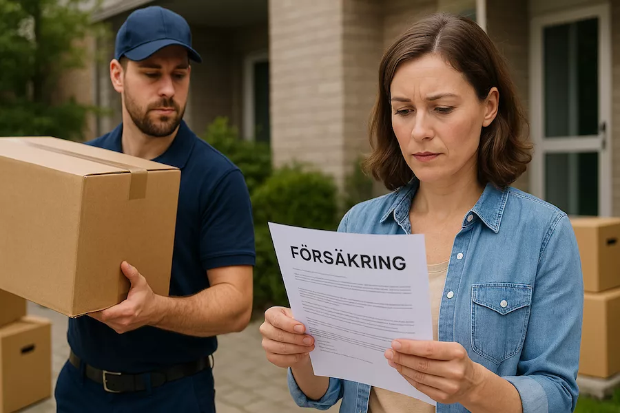 Flyttfirma bär kartong medan kund granskar försäkringsdokument